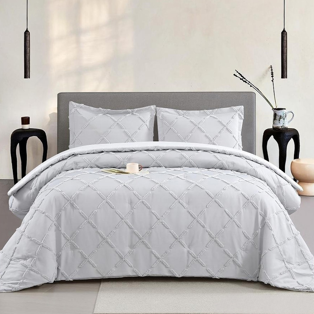 Serene Hình Học Ruching Tufted Chenille Thêu Duvet Cover Quilt Cover Set Bộ đồ giường