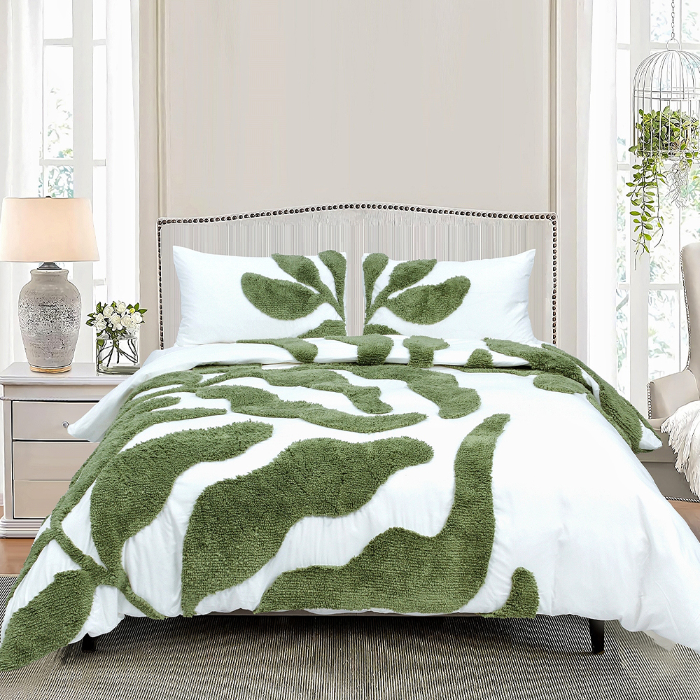 Belle Botanical Lá quy mô lớn chần sợi thêu Chenille Duvet Cover Quilt Cover Set Bộ đồ giường