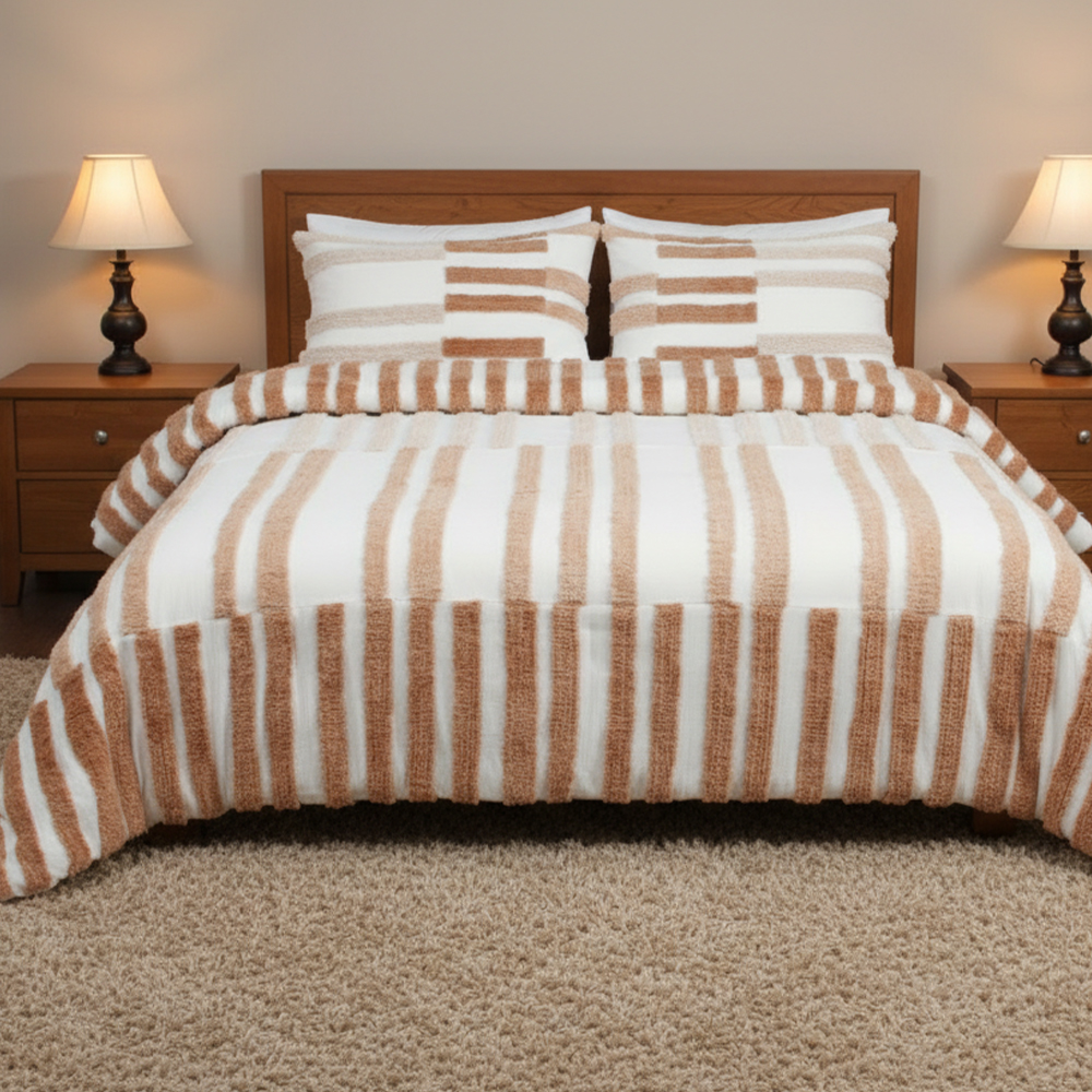 Collette Strip Tufted Chenille thêu Duvet Cover Quilt Cover Set Bộ đồ giường