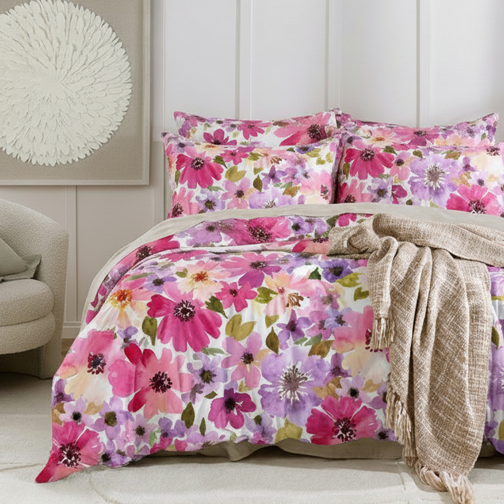 Helensvale Màu Nước Thực Vật In Hoa Nguyên Chất Microfiber Cotton In Hình Túi Đựng Chăn Màn Vỏ Chăn Bộ Bộ Chăn Ga Gối